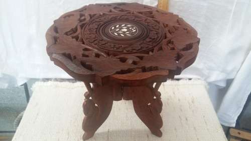 Vintage Beautiful Leaf Design Hand-Carved & bone inlaid Decorative Wooden Accent Table