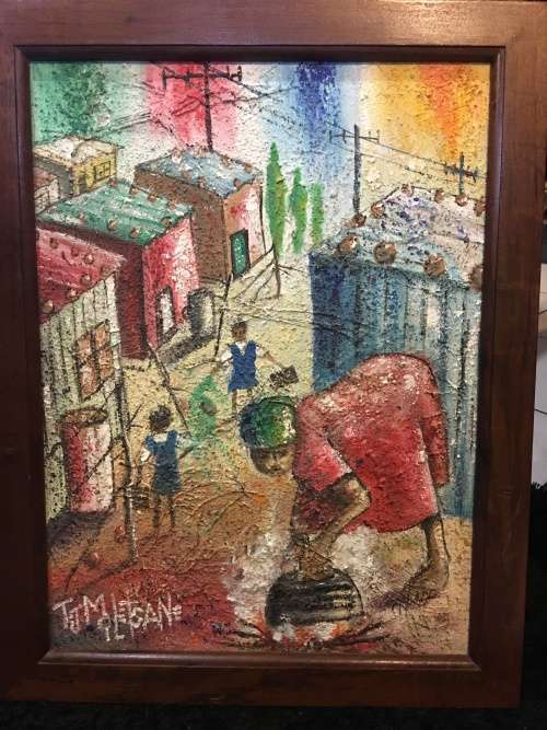 WOW !!! A STUNNING FRAMED HEAVY OIL ON BOARD "TOWNSHIP" BY FAMOUS SA ARTIST T.J.MOLETSANE