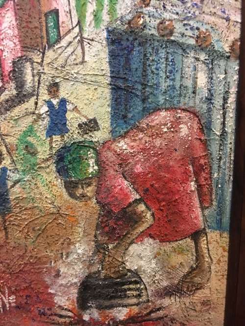 WOW !!! A STUNNING FRAMED HEAVY OIL ON BOARD "TOWNSHIP" BY FAMOUS SA ARTIST T.J.MOLETSANE