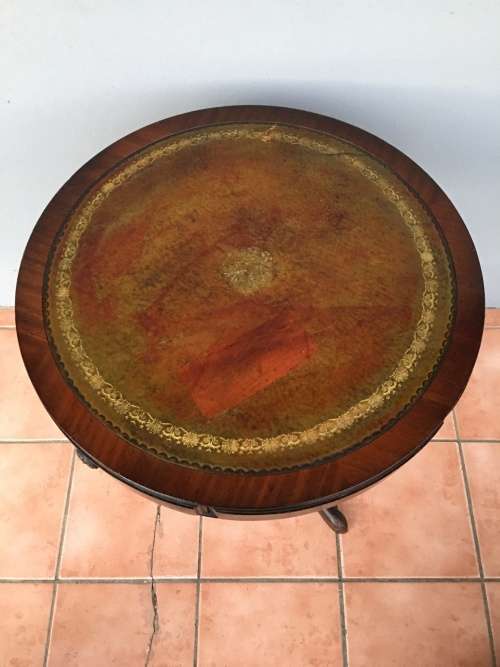 WOW !!!!! EXQUISITE ANTIQUE LEATHER INLAID 3 DRAWER DRUM TOP TABLE