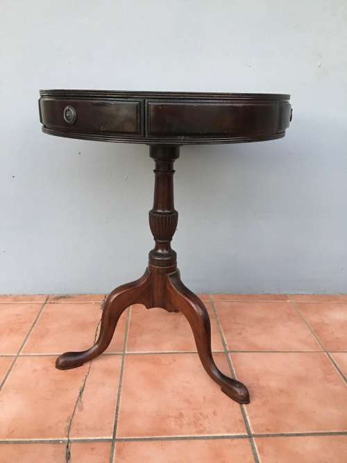 WOW !!!!! EXQUISITE ANTIQUE LEATHER INLAID 3 DRAWER DRUM TOP TABLE