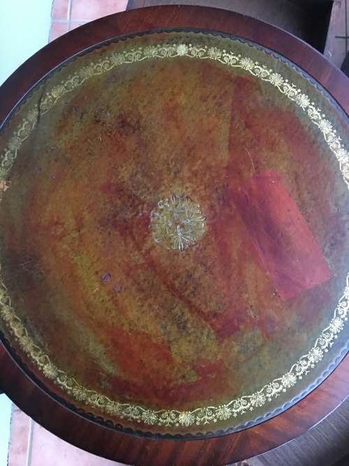 WOW !!!!! EXQUISITE ANTIQUE LEATHER INLAID 3 DRAWER DRUM TOP TABLE