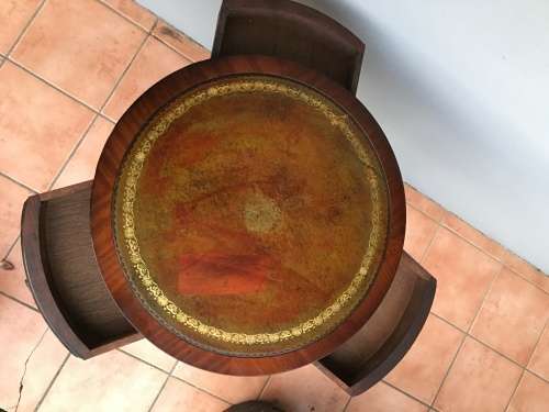 WOW !!!!! EXQUISITE ANTIQUE LEATHER INLAID 3 DRAWER DRUM TOP TABLE