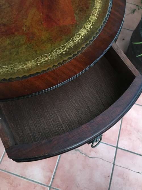 WOW !!!!! EXQUISITE ANTIQUE LEATHER INLAID 3 DRAWER DRUM TOP TABLE