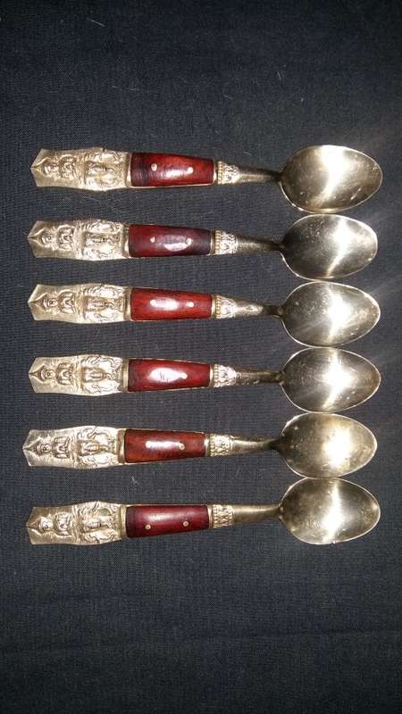 Collectible Set of 6 Vintage Thailand Siam, Brass and Teak Spoons.