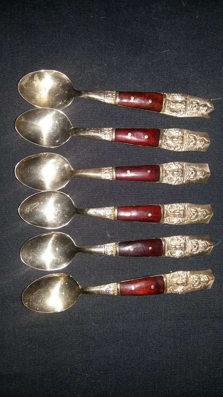 Collectible Set of 6 Vintage Thailand Siam, Brass and Teak Spoons.