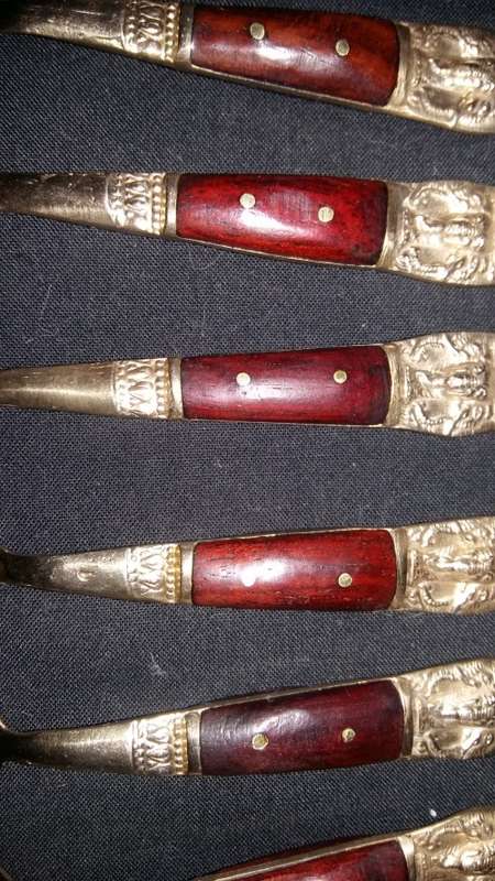Collectible Set of 6 Vintage Thailand Siam, Brass and Teak Spoons.