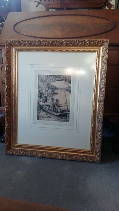 Old Original Antique Victorian Print 1881 Men Fishing Under Bridge in a Stunning heavy gilt frame.