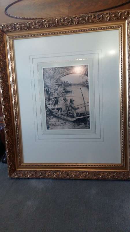 Old Original Antique Victorian Print 1881 Men Fishing Under Bridge in a Stunning heavy gilt frame.