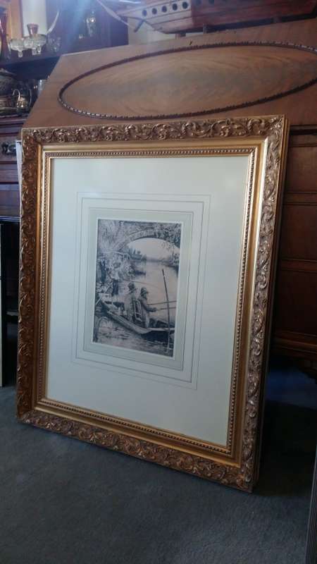 Old Original Antique Victorian Print 1881 Men Fishing Under Bridge in a Stunning heavy gilt frame.