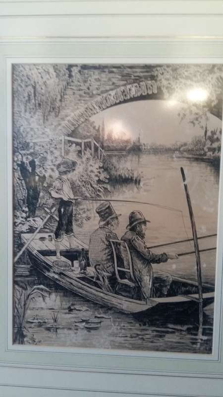 Old Original Antique Victorian Print 1881 Men Fishing Under Bridge in a Stunning heavy gilt frame.