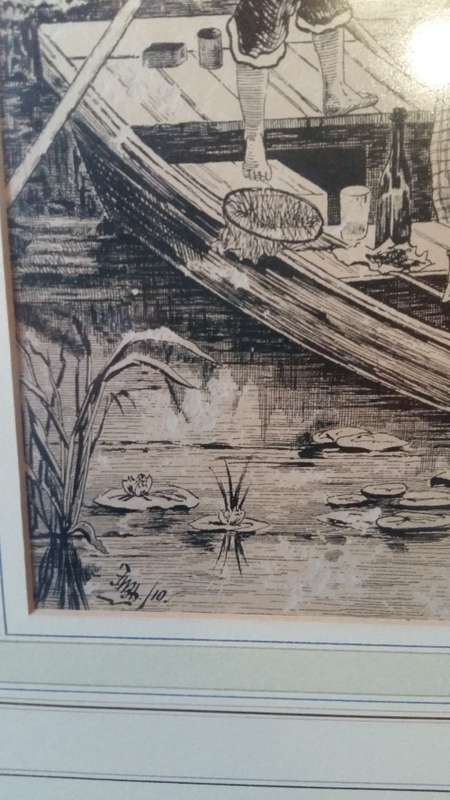 Old Original Antique Victorian Print 1881 Men Fishing Under Bridge in a Stunning heavy gilt frame.