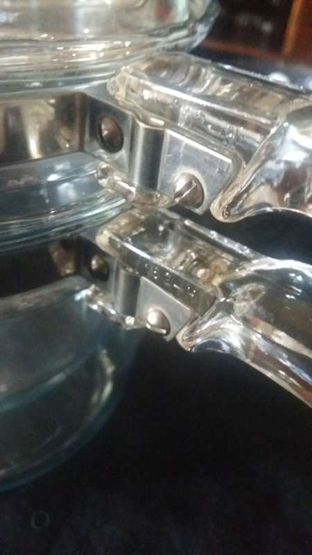 Vintage Pyrex 1960 Clear Glass 2 Lt Double Boiler, 2 Pots & 1 Lid. Solid Glass handles. Heat Resis