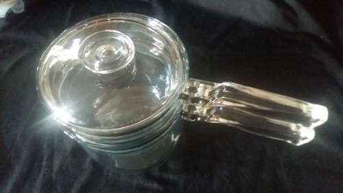 Vintage Pyrex 1960 Clear Glass 2 Lt Double Boiler, 2 Pots & 1 Lid. Solid Glass handles. Heat Resis