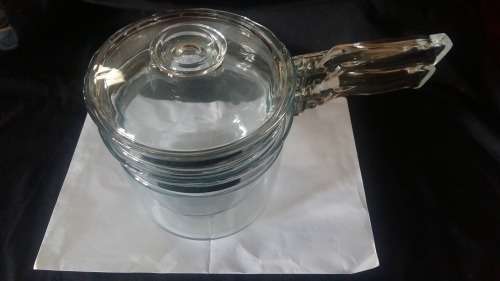 Vintage Pyrex 1960 Clear Glass 2 Lt Double Boiler, 2 Pots & 1 Lid. Solid Glass handles. Heat Resis