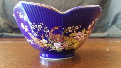 Vintage Japanese Cobolt Blue Peackock design sweet Bowl. 11cm wide x 6 cm high