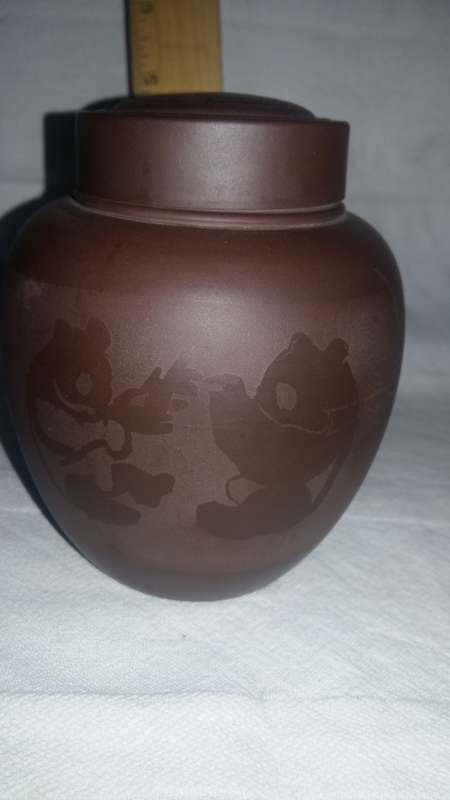 Highly Collectible Yixing Chinese vintage clay Panda Tea Jar/Ginger jar. 500ml. signed by maker.
