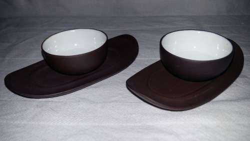Highly Collectible Yixing Chinese vintage clay Enameled  Tea Cups with small clay tray
