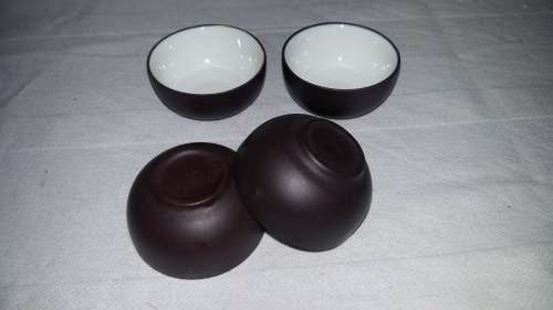 Highly Collectible Yixing Chinese vintage clay Enameled  Tea Cups x 4