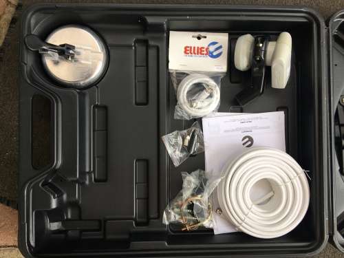 Ellies Satellite Dish Kit in a hard plastic protective carry case