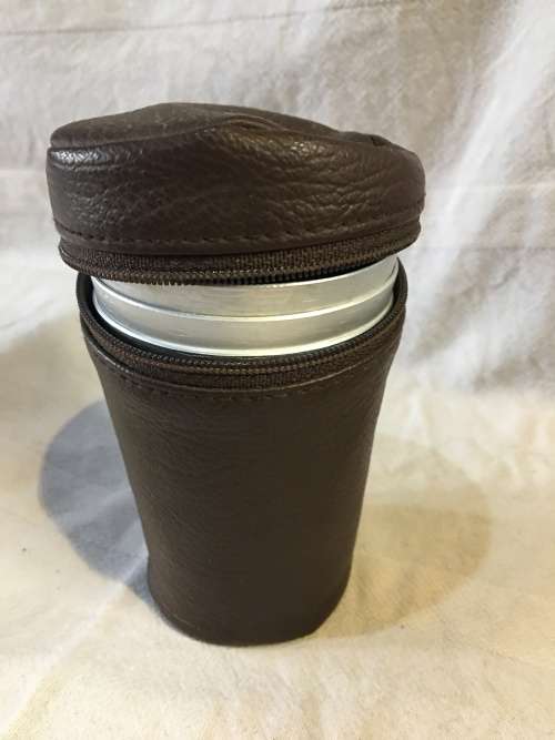 FANTASTIC SET OF 5 ALUMINIUM DRINKING CUPS IN A FAUX LEATHER CONTAINER
