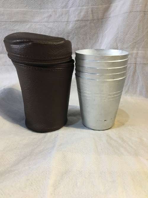 FANTASTIC SET OF 5 ALUMINIUM DRINKING CUPS IN A FAUX LEATHER CONTAINER
