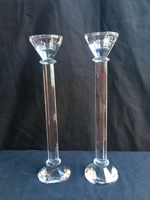 Beautiful pair of large designer cut glass candle sticks