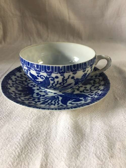 WOW !!! BEAUTIFUL BLUE AND WHITE VINTAGE PHOENIX FLYING TURKEY CUP AND SAUCER DUO #3 stamped