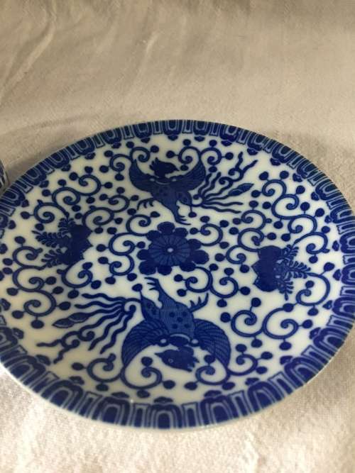 WOW !!! BEAUTIFUL BLUE AND WHITE VINTAGE PHOENIX FLYING TURKEY CUP AND SAUCER DUO #3 stamped