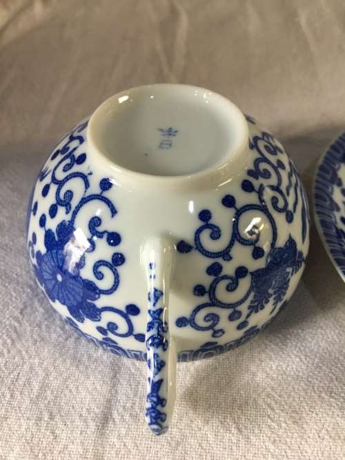 WOW !!! BEAUTIFUL BLUE AND WHITE VINTAGE PHOENIX FLYING TURKEY CUP AND SAUCER DUO #3 stamped