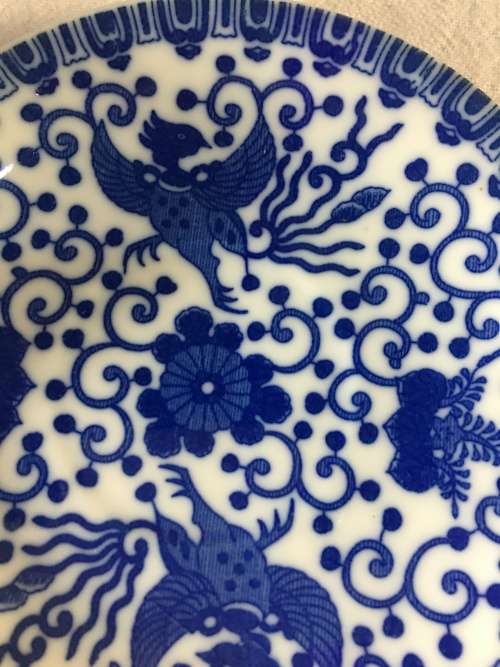 WOW !!! BEAUTIFUL BLUE AND WHITE VINTAGE PHOENIX FLYING TURKEY CUP AND SAUCER DUO #3 stamped