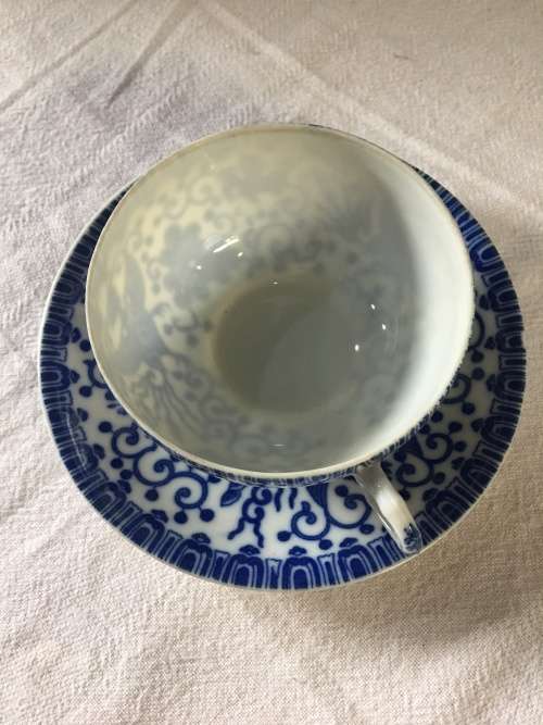 WOW !!! BEAUTIFUL BLUE AND WHITE VINTAGE PHOENIX FLYING TURKEY CUP AND SAUCER DUO #3 stamped