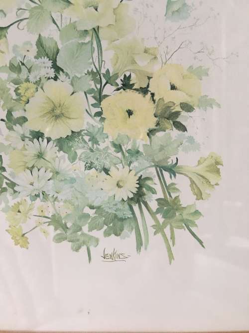 WOW !!! BEAUTIFUL FLORAL PRINT OF A JENKINS ORIGINAL IN A STYLISH FRAME BEHIND GLASS