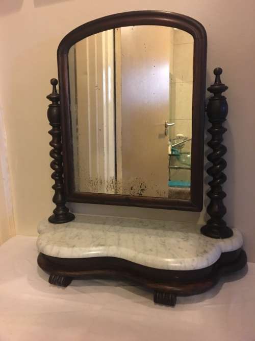 WOW !!! LATE 1800's VICTORIAN MARBLE TOP MAHOGANY SHAVING MIRROR WITH BARLEY TWIST SUPPORTS