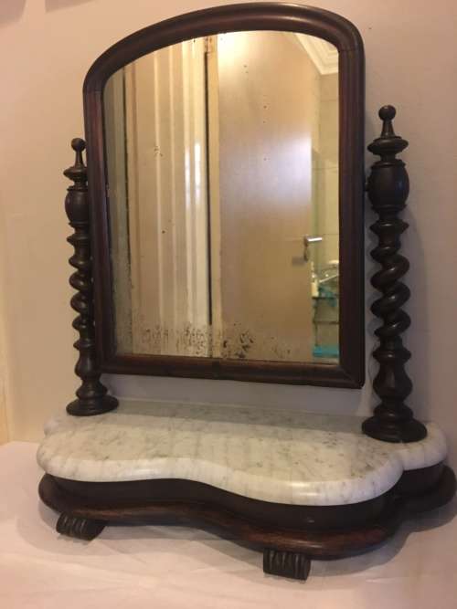 WOW !!! LATE 1800's VICTORIAN MARBLE TOP MAHOGANY SHAVING MIRROR WITH BARLEY TWIST SUPPORTS