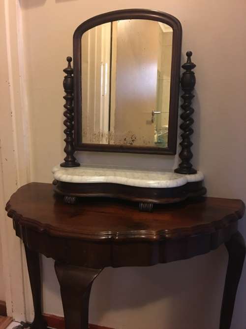 WOW !!! LATE 1800's VICTORIAN MARBLE TOP MAHOGANY SHAVING MIRROR WITH BARLEY TWIST SUPPORTS