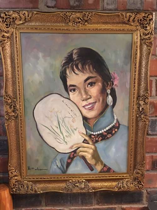 WAHSO CHAN ORIGINAL LARG CHINESE OIL ON CANVAS IN A HEAVY GILT FRAME 1911-1937 *****VALUE R 20000.00