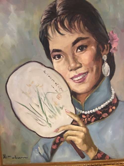 WAHSO CHAN ORIGINAL LARG CHINESE OIL ON CANVAS IN A HEAVY GILT FRAME 1911-1937 *****VALUE R 20000.00
