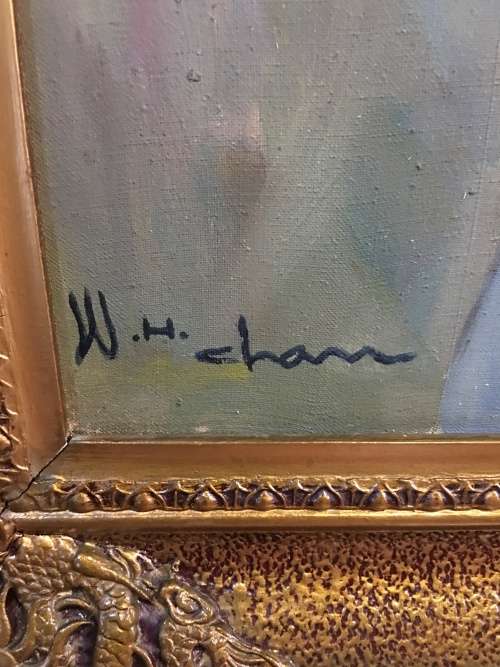 WAHSO CHAN ORIGINAL LARG CHINESE OIL ON CANVAS IN A HEAVY GILT FRAME 1911-1937 *****VALUE R 20000.00
