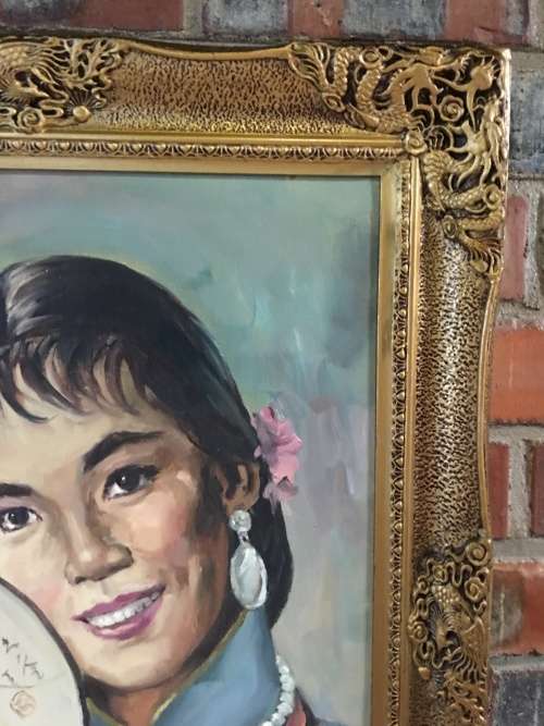 WAHSO CHAN ORIGINAL LARG CHINESE OIL ON CANVAS IN A HEAVY GILT FRAME 1911-1937 *****VALUE R 20000.00