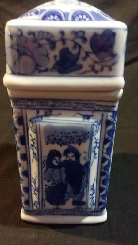 Beautiful Vintage Chinese Porcelain Large Blue and white Tea Caddy Hand Painted pictures on all side