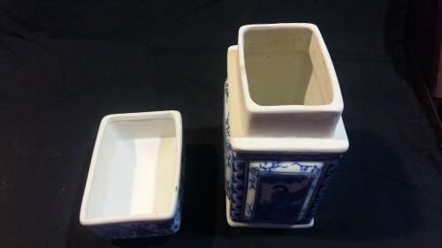 Beautiful Vintage Chinese Porcelain Large Blue and white Tea Caddy Hand Painted pictures on all side