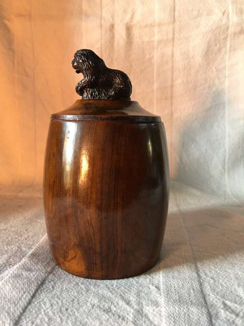 WOW !!! STUNNING ANTIQUE SOLID WALNUT TOBACCO JAR WITH A WOODEN CARVED LION ON THE LID