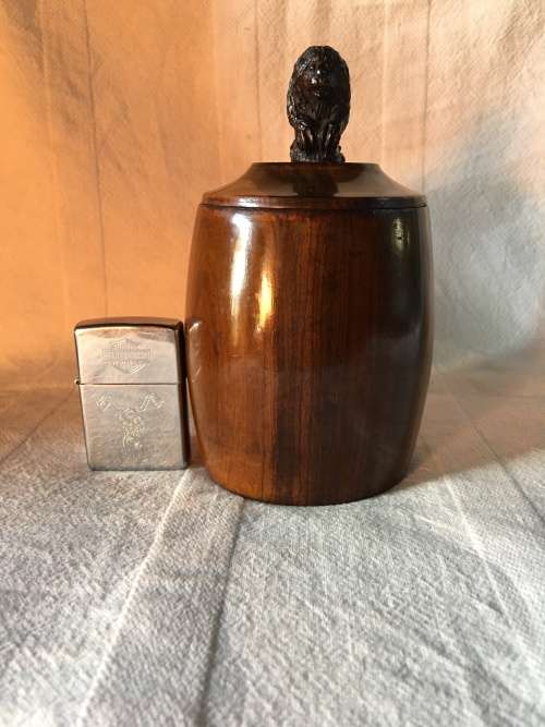 WOW !!! STUNNING ANTIQUE SOLID WALNUT TOBACCO JAR WITH A WOODEN CARVED LION ON THE LID