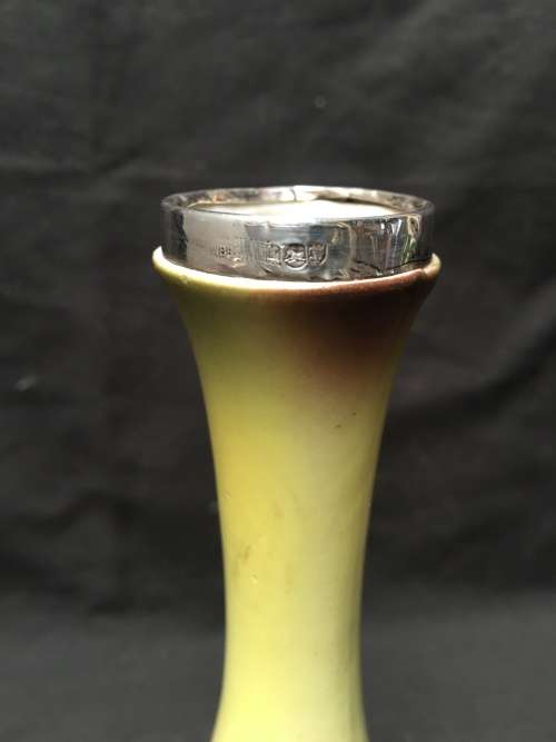 WOW !!!!! RARE ANTIQUE VICTORIAN HAND PAINTED BUD VASE WITH A HALLMARKED SILVER BAND clearly marked
