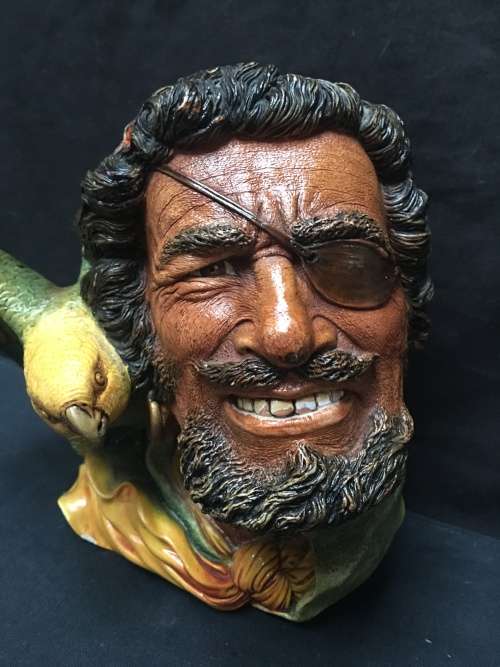 STUNNING VINTAGE "BOSSONS" CHALKWARE FIGURAL WALL HANGING PIRATE WITH PARROT TITLED BUCCANEER 1964