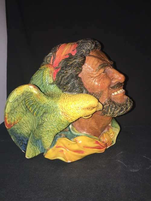 STUNNING VINTAGE "BOSSONS" CHALKWARE FIGURAL WALL HANGING PIRATE WITH PARROT TITLED BUCCANEER 1964