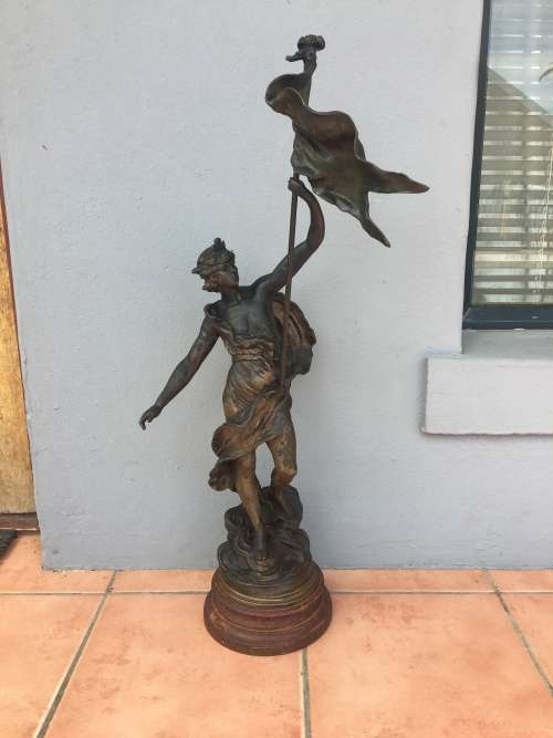 LARGE ANTIQUE BRONZED SPELTER STATUE "Porte Drapeau" BY FRENCH ARTIST AUG MOREAU c 1834-1917 signed