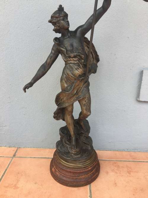 LARGE ANTIQUE BRONZED SPELTER STATUE "Porte Drapeau" BY FRENCH ARTIST AUG MOREAU c 1834-1917 signed