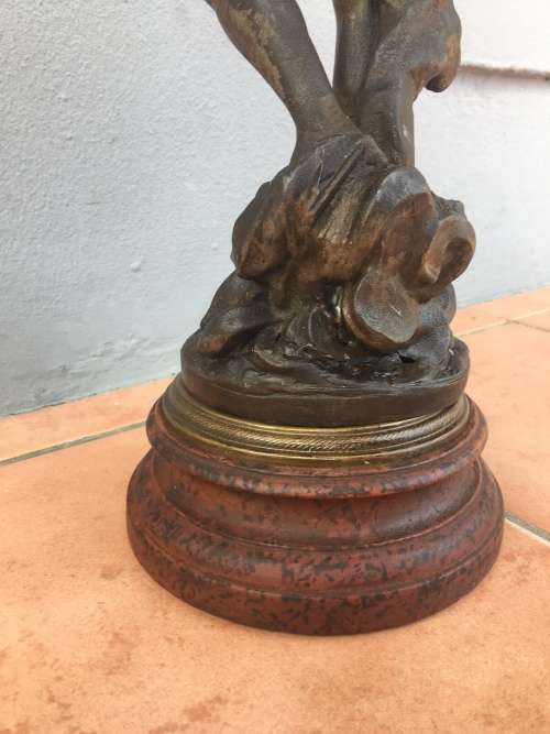 LARGE ANTIQUE BRONZED SPELTER STATUE "Porte Drapeau" BY FRENCH ARTIST AUG MOREAU c 1834-1917 signed